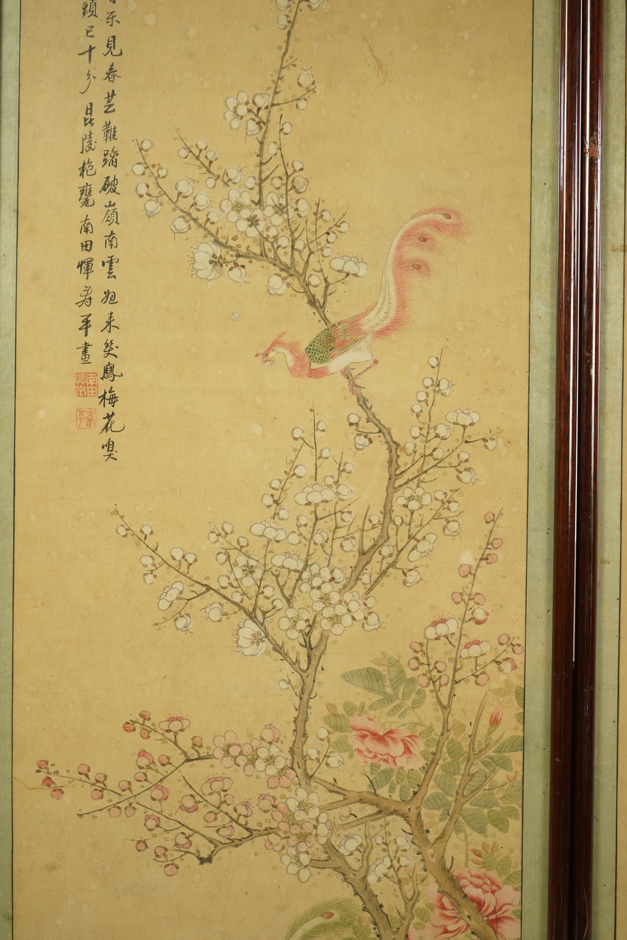 Chinese School , (18th/19th century), Phoenixes amid flowers, Ink and colour on paper; a pair